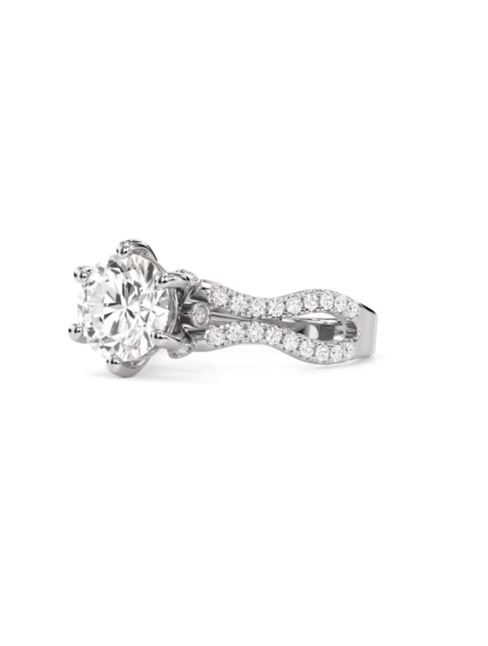 Side top-down view of a round lab grown diamond ring on a white gold twisted pave band.