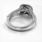 White gold 2 CT round lab grown diamond engagement ring side profile showing cathedral split shank and milgrain edges.