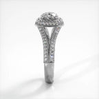 Side elevation view of white gold 2 carat round lab diamond ring with elevated cushion halo and pave shank.
