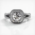 Top-down view of white gold engagement ring featuring a 2 CT round lab grown diamond framed by a milgrain cushion halo.