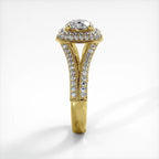 Side view of 14K yellow gold 2 CT round lab diamond ring displaying split-shank structure and pavé setting.