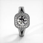 Vertical top view of white gold 2 carat round lab created diamond engagement ring with split shank.