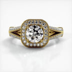 Top-down horizontal view of yellow gold 2 CT round lab diamond engagement ring with cushion-shaped milgrain halo.