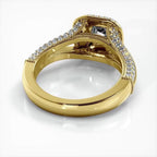 Under-gallery side view of yellow gold 2 CT round lab grown diamond ring showing inner band craftsmanship.