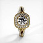 Vertical front view of 14K yellow gold 2 carat round lab diamond ring with cushion halo and pave split shank.
