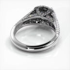 Undergallery profile view of a white gold 2 CT round lab grown diamond ring showing pave-set bridge details.