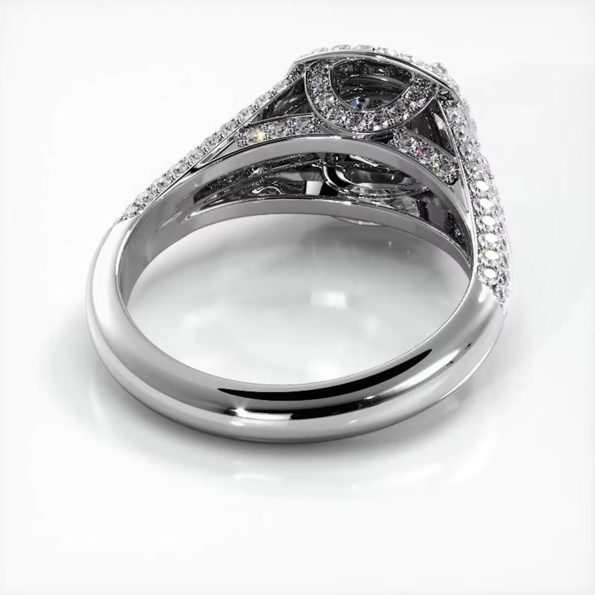 Undergallery profile view of a white gold 2 CT round lab grown diamond ring showing pave-set bridge details.