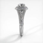 Side elevation view of a 2 carat round lab diamond engagement ring in white gold with multi-row pave shank.