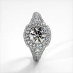 Vertical top view of a white gold 2 CT round lab created diamond double cushion halo ring with wide pave shank.