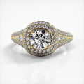 Top-down perspective of a 14K yellow gold 2 CT round lab grown diamond ring with double cushion halo frame.