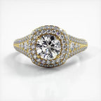 Top-down perspective of a 14K yellow gold 2 CT round lab grown diamond ring with double cushion halo frame.