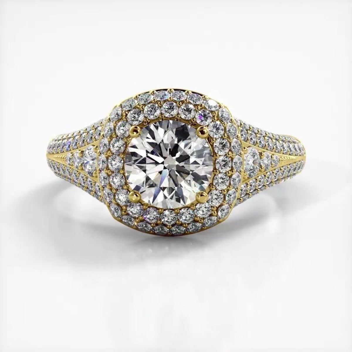 Top-down perspective of a 14K yellow gold 2 CT round lab grown diamond ring with double cushion halo frame.