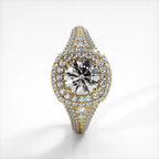Vertical front view of a yellow gold 2 CT round lab grown diamond ring featuring multi-row diamond shank.