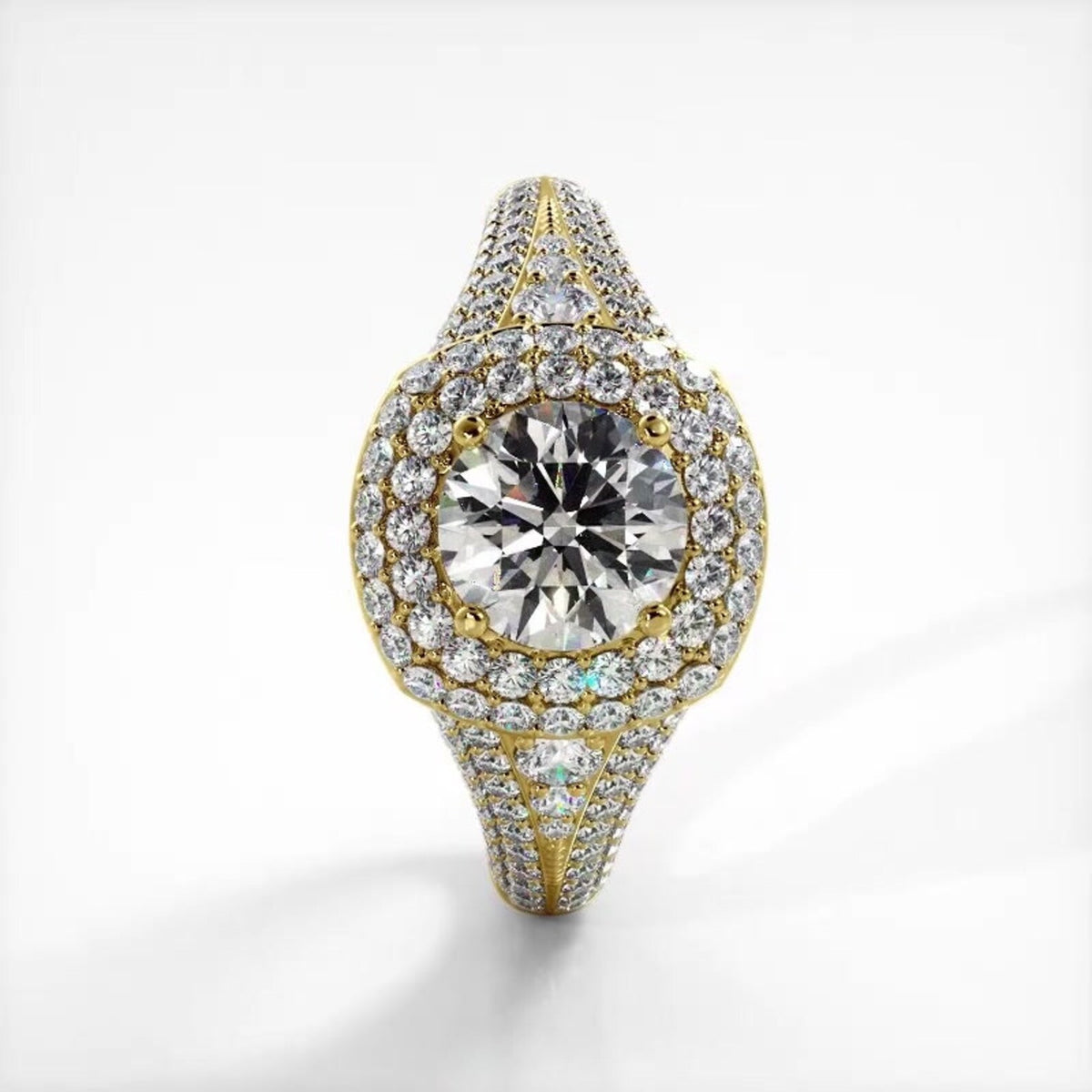 Vertical front view of a yellow gold 2 CT round lab grown diamond ring featuring multi-row diamond shank.