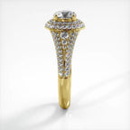 Side elevation view of a 14K yellow gold 2 CT round lab diamond engagement ring displaying pave band profile.