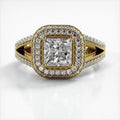Top-down view of a 2 CT princess cut lab grown diamond engagement ring in 14K yellow gold with a double halo and milgrain details.
