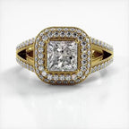 Top-down view of a 2 CT princess cut lab grown diamond engagement ring in 14K yellow gold with a double halo and milgrain details.