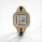 Vertical front-facing view of a 2 CT princess cut lab created diamond double halo ring in yellow gold.
