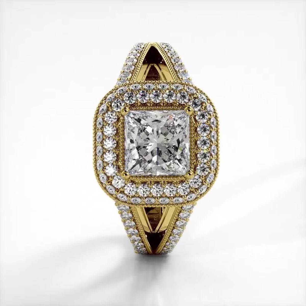 Vertical front-facing view of a 2 CT princess cut lab created diamond double halo ring in yellow gold.