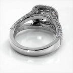 Profile angle showing the undergallery and pave-set split shank of a white gold 2 CT princess cut lab diamond ring.