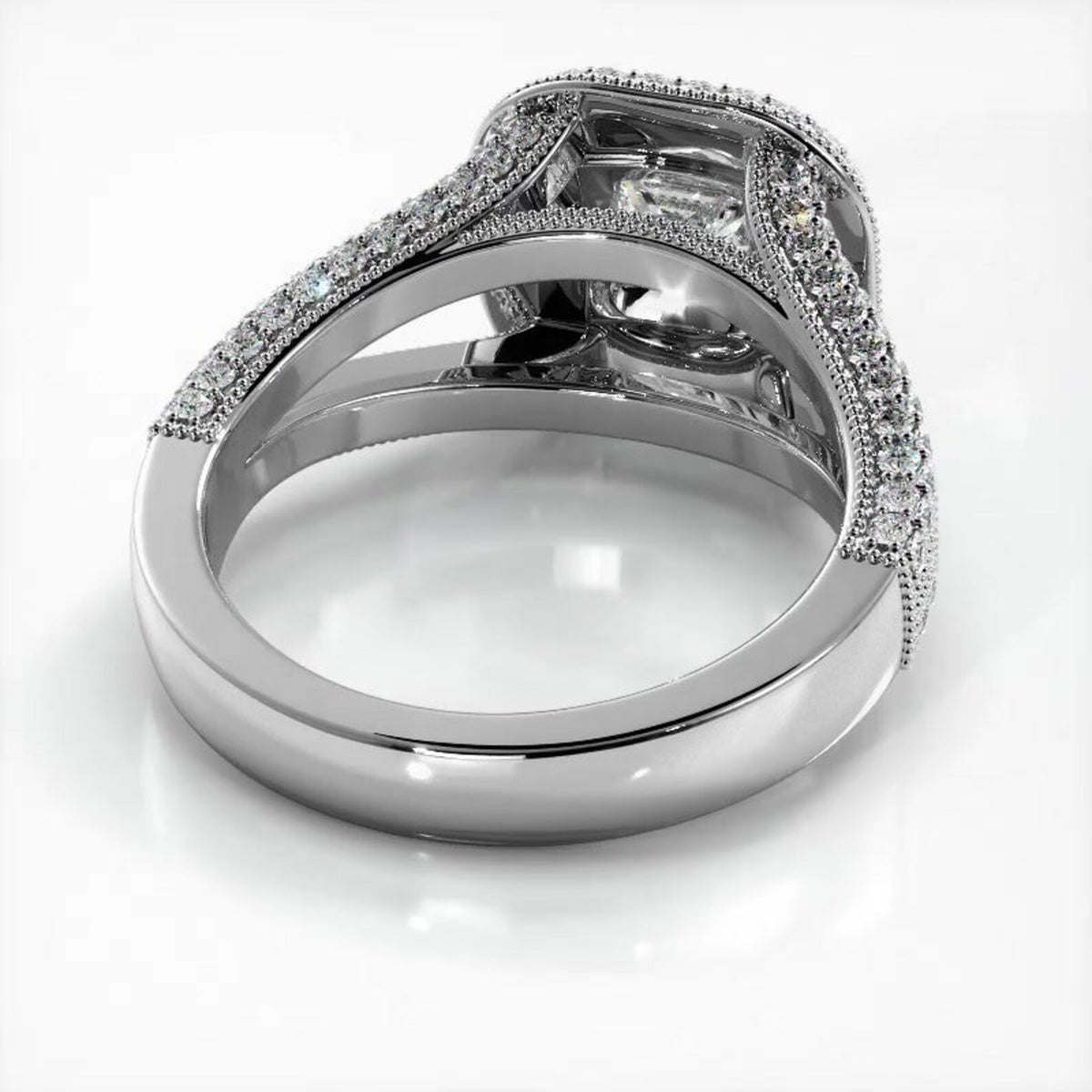 Profile angle showing the undergallery and pave-set split shank of a white gold 2 CT princess cut lab diamond ring.