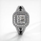 Direct top-down view of a 2 CT princess cut lab grown diamond ring with double halo setting in white gold.