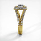 Side elevation perspective of a 2 carat princess cut lab diamond ring in yellow gold highlighting the cathedral split shank.