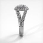 Side profile view of a white gold 2 CT princess cut lab diamond engagement ring showing pave split shank arches.