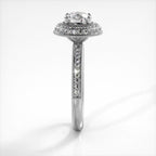 Side profile view of a white gold 2 CT round lab diamond ring showing milgrain pave band and double halo setting.