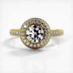 Top-down perspective of a yellow gold 2 CT round lab grown diamond ring with double round halo frame.