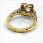Angled undergallery profile view showing the pave basket bridge of a yellow gold 2 CT princess cut lab diamond ring.