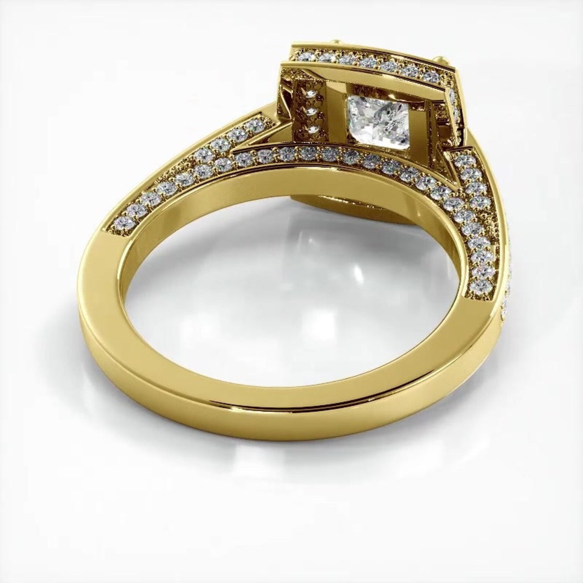 Angled undergallery profile view showing the pave basket bridge of a yellow gold 2 CT princess cut lab diamond ring.