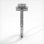 Side profile view of a white gold 2 CT princess cut lab diamond engagement ring with milgrain pave band.