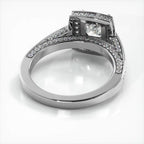 Undergallery view displaying the cathedral structure and pave detailing of a white gold 2 CT princess cut lab diamond ring.