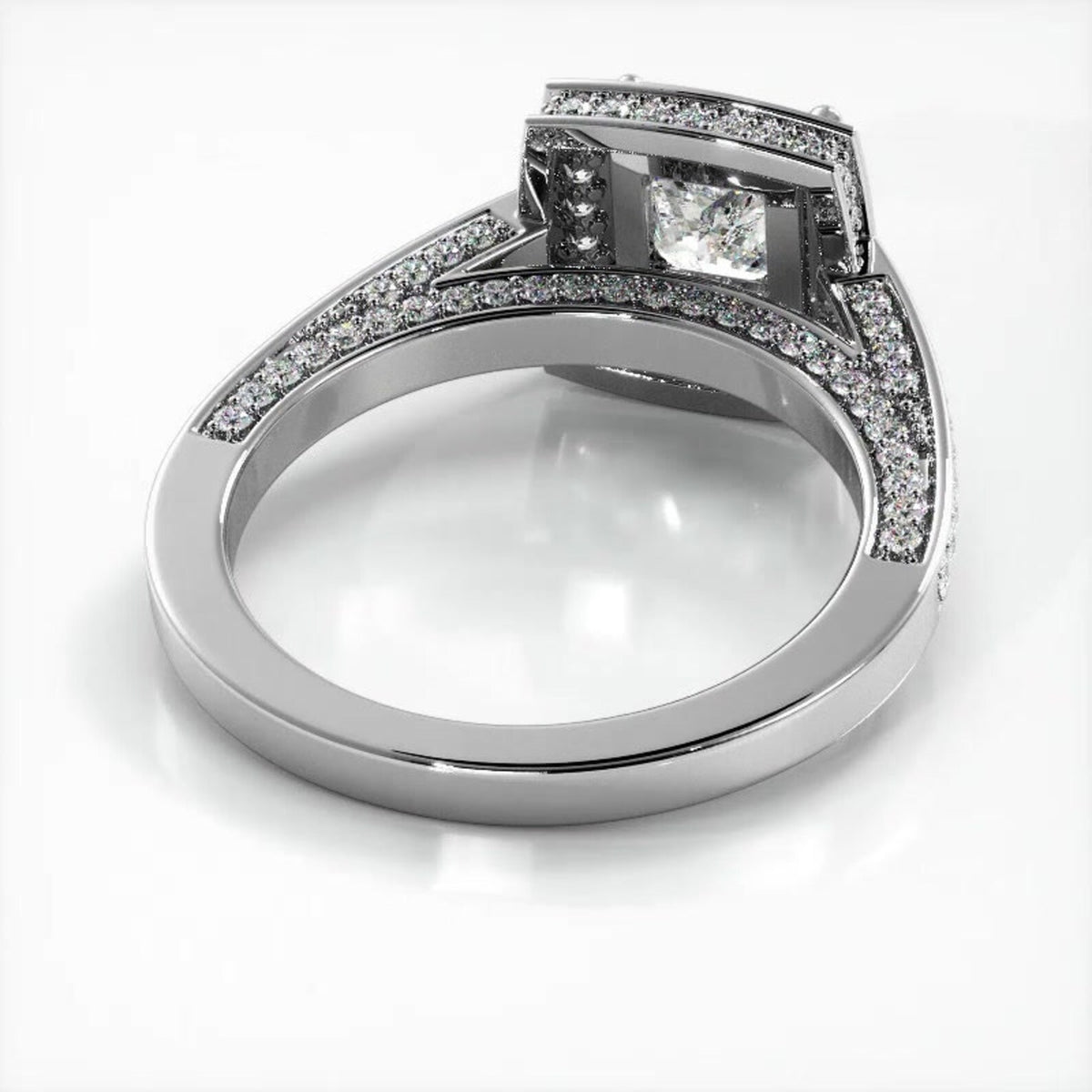 Undergallery view displaying the cathedral structure and pave detailing of a white gold 2 CT princess cut lab diamond ring.