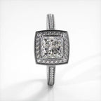 Vertical top-down view of a white gold 2 CT princess cut lab diamond ring featuring a cushion halo and milgrain band.