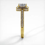 Side profile elevation of a 2 CT princess cut lab grown diamond halo ring in 14K yellow gold.