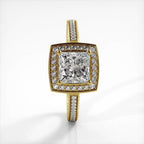 Vertical top view of a 2 CT princess cut lab grown diamond ring with cushion halo in yellow gold.