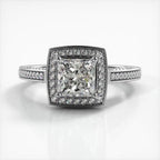 Top-down perspective of a 2 CT princess cut lab diamond engagement ring with cushion milgrain halo in white gold.