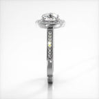 Side profile view of a white gold 3 CT round cut lab diamond engagement ring showing milgrain pave band detail.