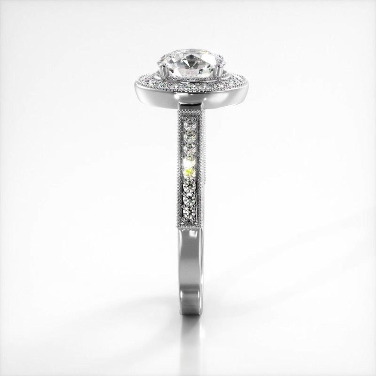 Side profile view of a white gold 3 CT round cut lab diamond engagement ring showing milgrain pave band detail.