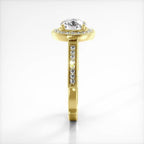 Side profile view of a 3 CT round cut lab diamond halo engagement ring in yellow gold.