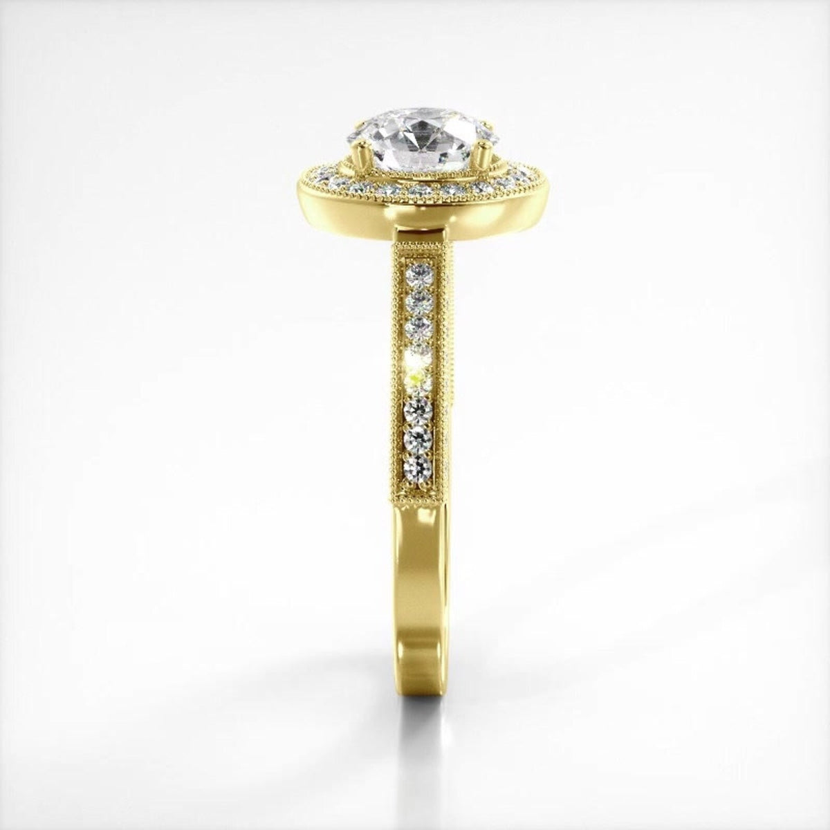 Side profile view of a 3 CT round cut lab diamond halo engagement ring in yellow gold.