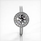 Vertical perspective top view of a white gold 3 CT round cut lab diamond ring with milgrain halo.