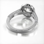 Angled undergallery view showing the polished underside and pave band of a white gold round lab diamond ring.