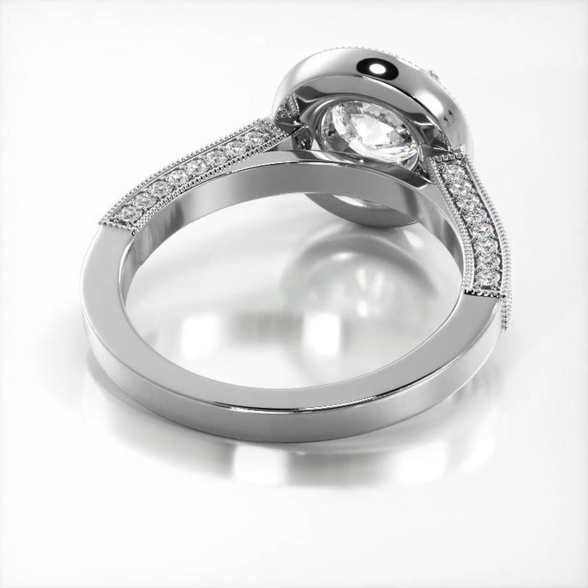 Angled undergallery view showing the polished underside and pave band of a white gold round lab diamond ring.