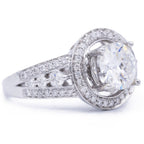 3 CT round lab grown diamond engagement ring side view showing split shank pave band and elevated halo setting