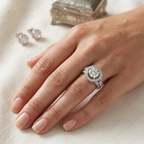 A close-up of a hand wearing a silver-toned ring with a round-cut center stone and a halo of smaller stones, with matching stud earrings and a small decorative box blurred in the background on a soft cream fabric surface.