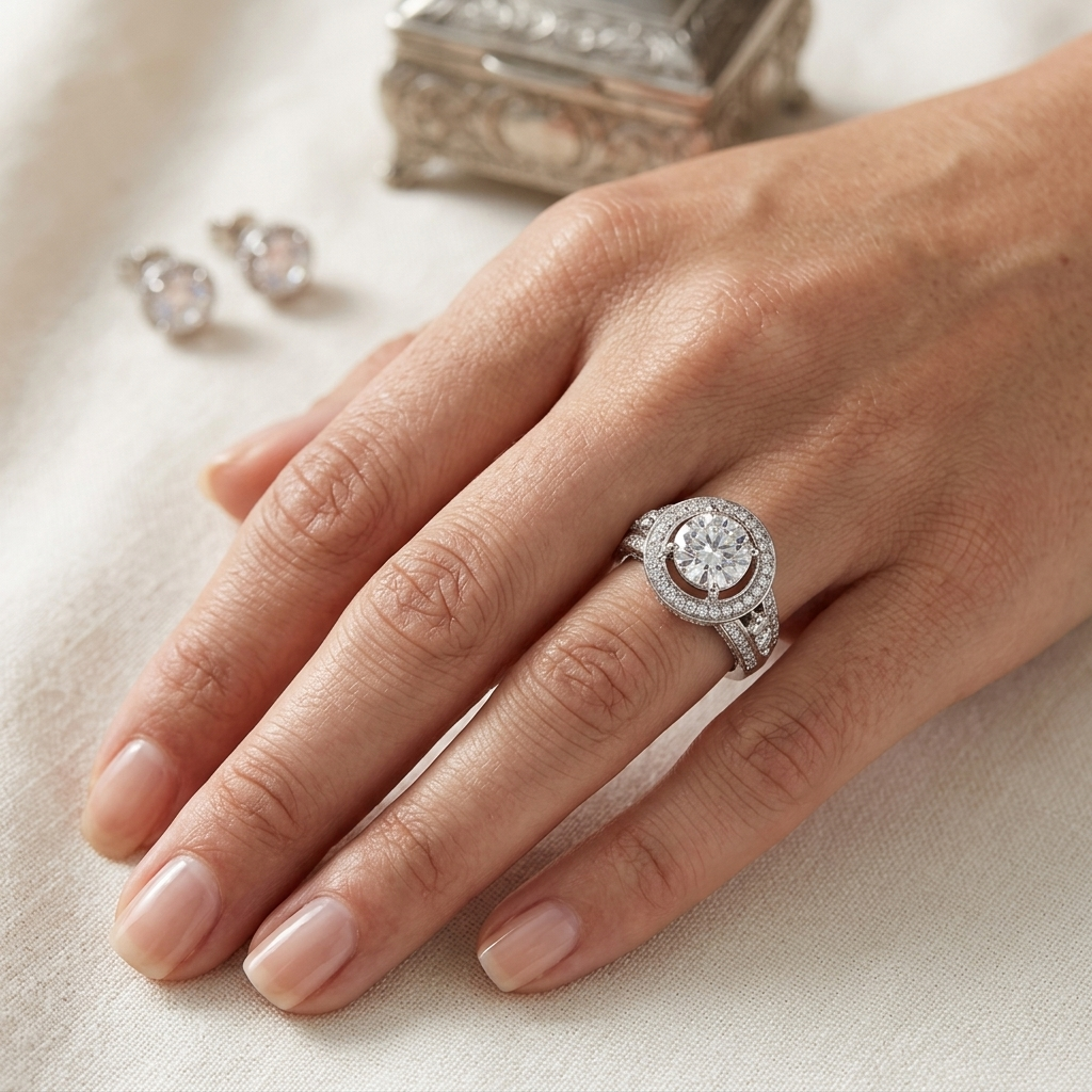 A close-up of a hand wearing a silver-toned ring with a round-cut center stone and a halo of smaller stones, with matching stud earrings and a small decorative box blurred in the background on a soft cream fabric surface.