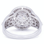 Underside view of lab grown diamond halo ring showing intricate floral filigree gallery and openwork band architecture